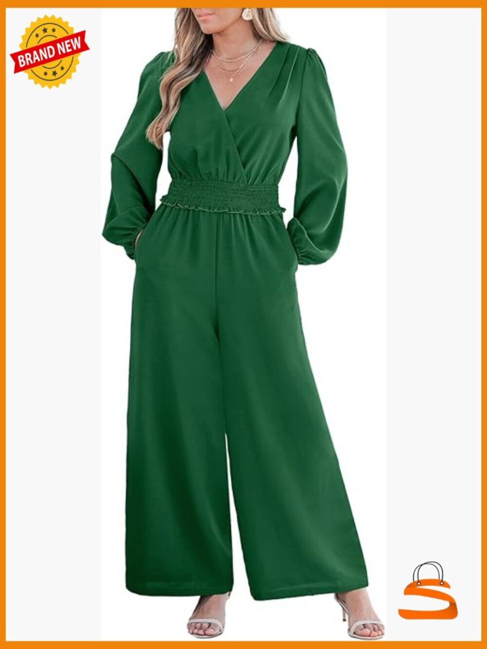 Long Sleeve Jumpsuit Dressy Smocked Waist V Neck Wide Leg Flowy One Piece